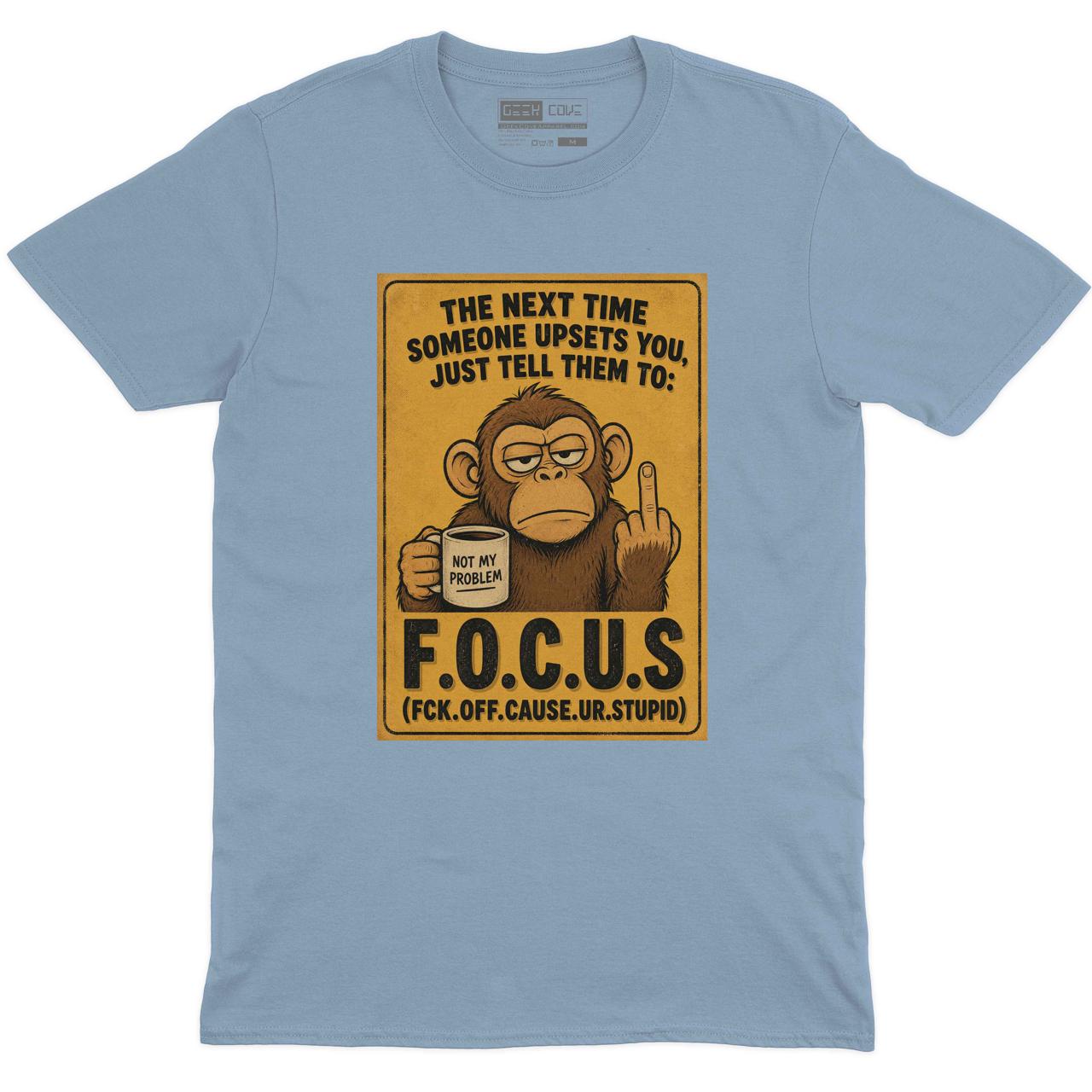 F.O.C.U.S. Funny Monkey Crew Neck Tee in Light Blue with sarcastic F.O.C.U.S. monkey adult humor graphic print