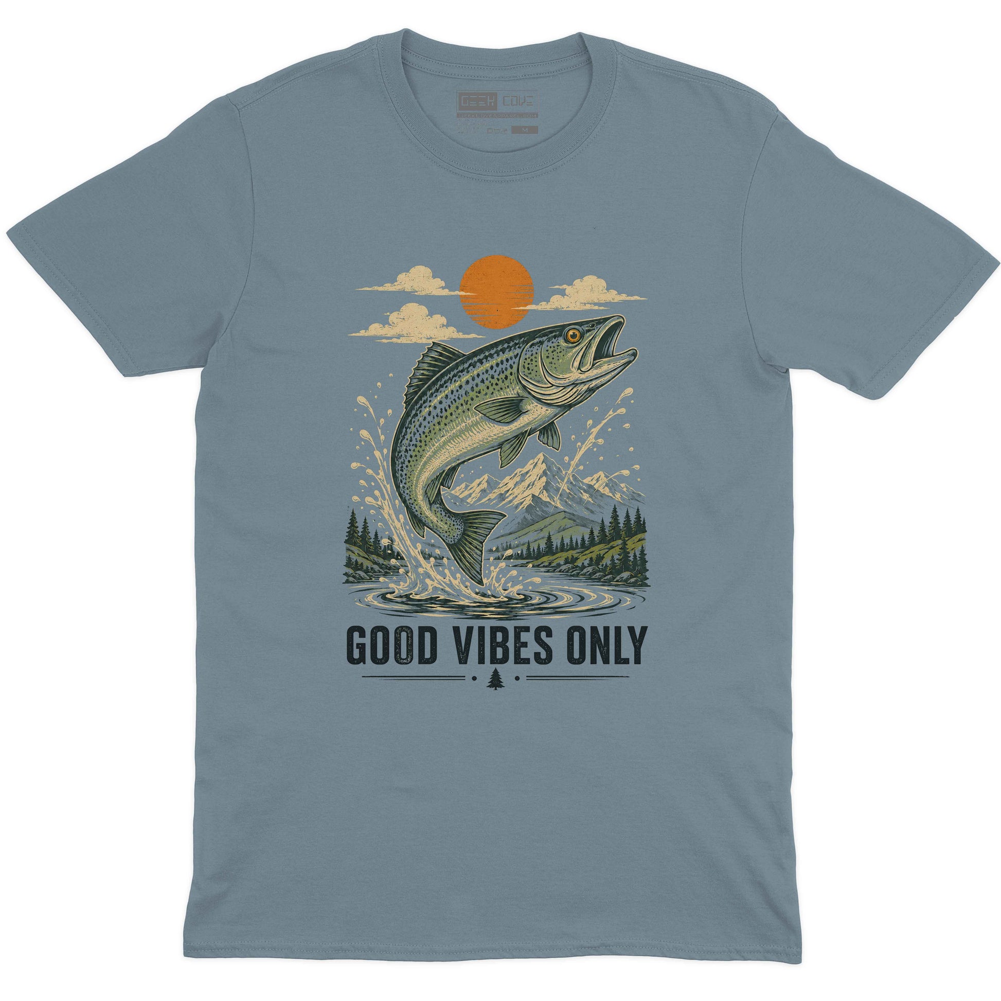 Mountain Bass Good Vibes men’s crew neck tee in stone blue with bass and mountain design