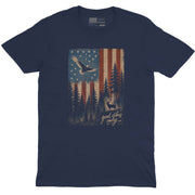 Patriotic Forest Good Vibes men’s crew neck tee in navy with American flag forest graphic