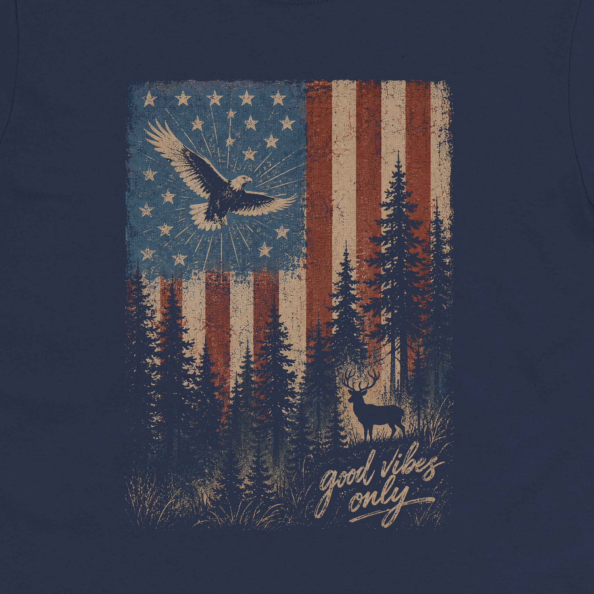 Close-up of Patriotic Forest Good Vibes American flag forest artwork on navy tee