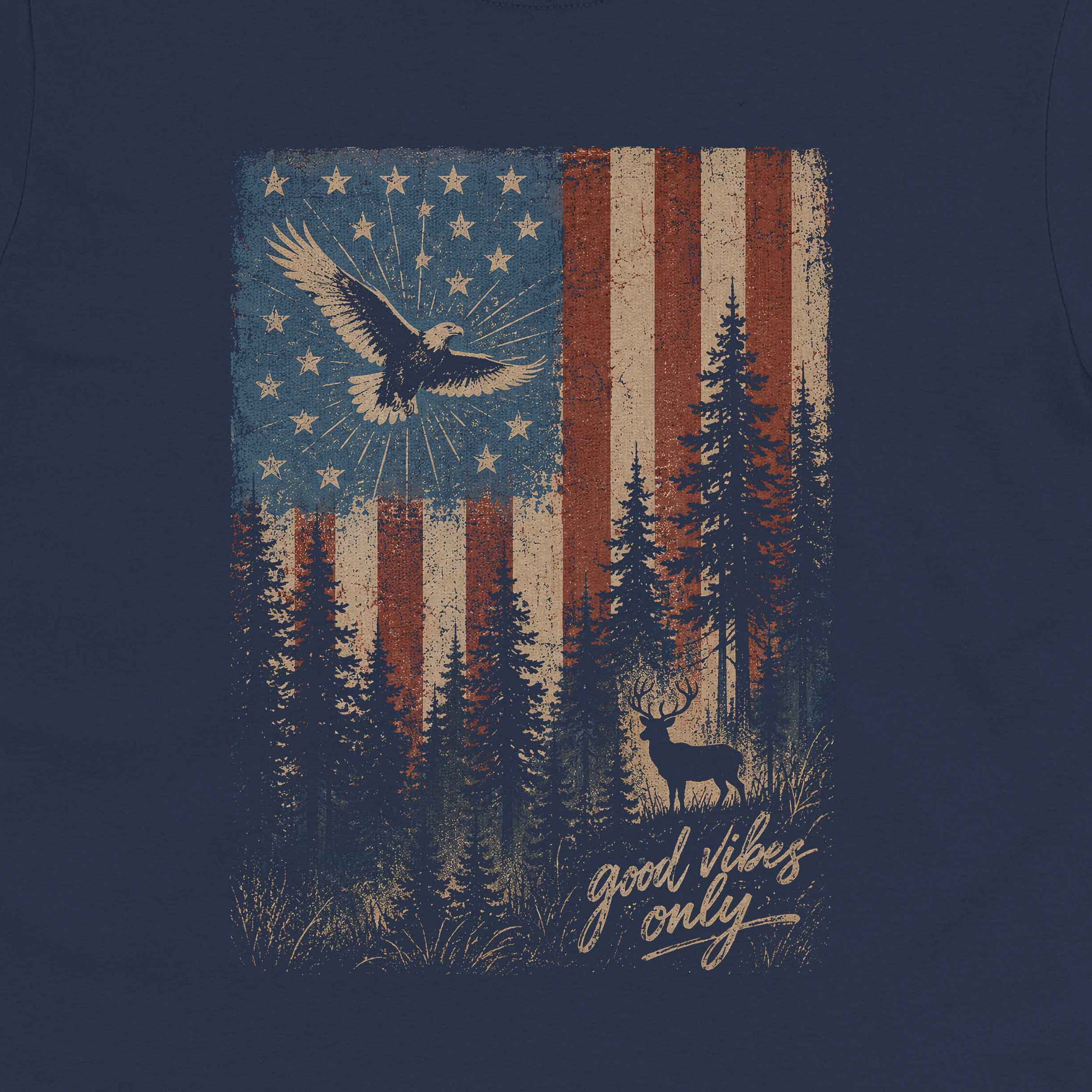 Close-up of Patriotic Forest Good Vibes American flag forest artwork on navy tee