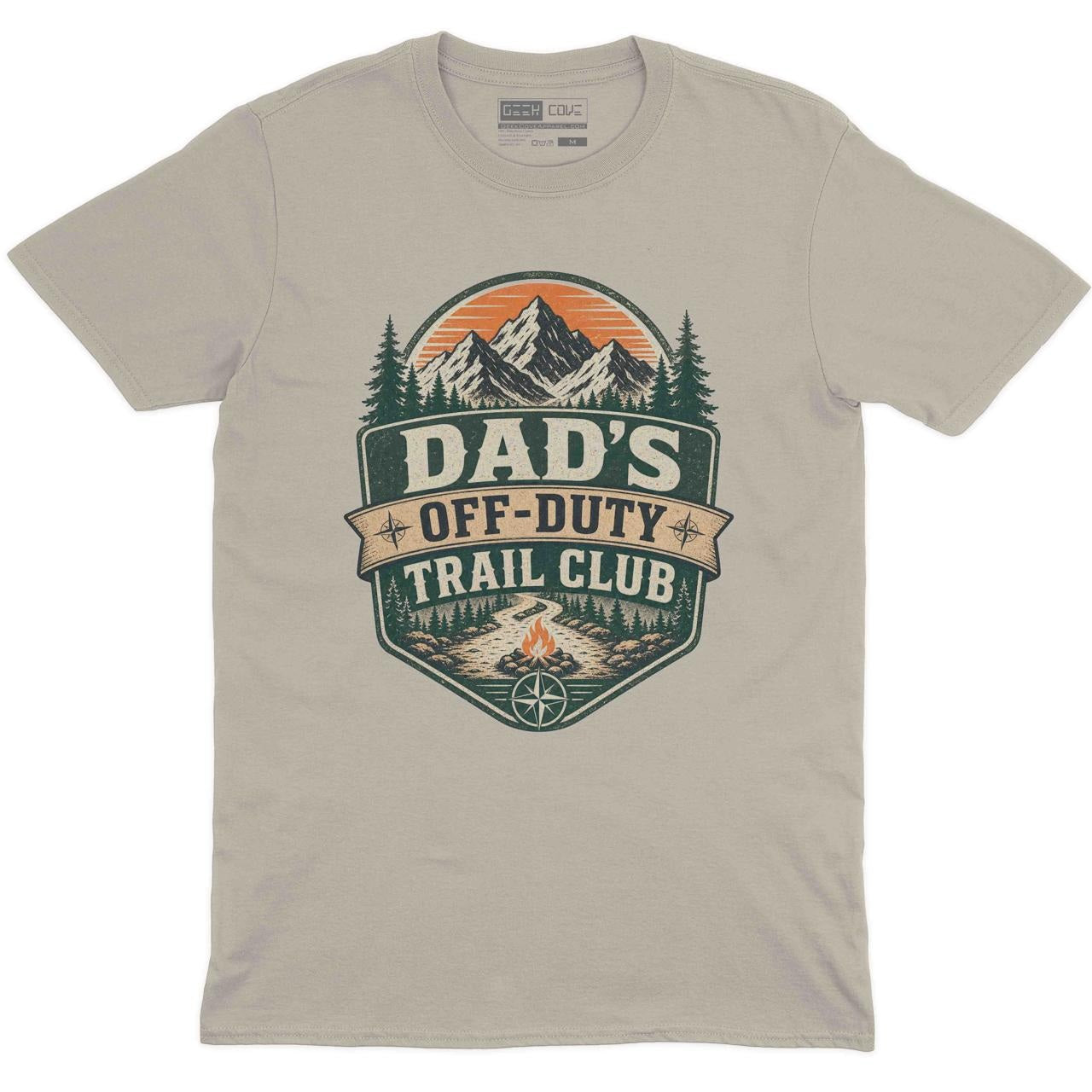 Dad's Off-Duty Trail Club Crew Neck Tee in Sand with Dad's Off-Duty Trail Club mountain hiking graphic print