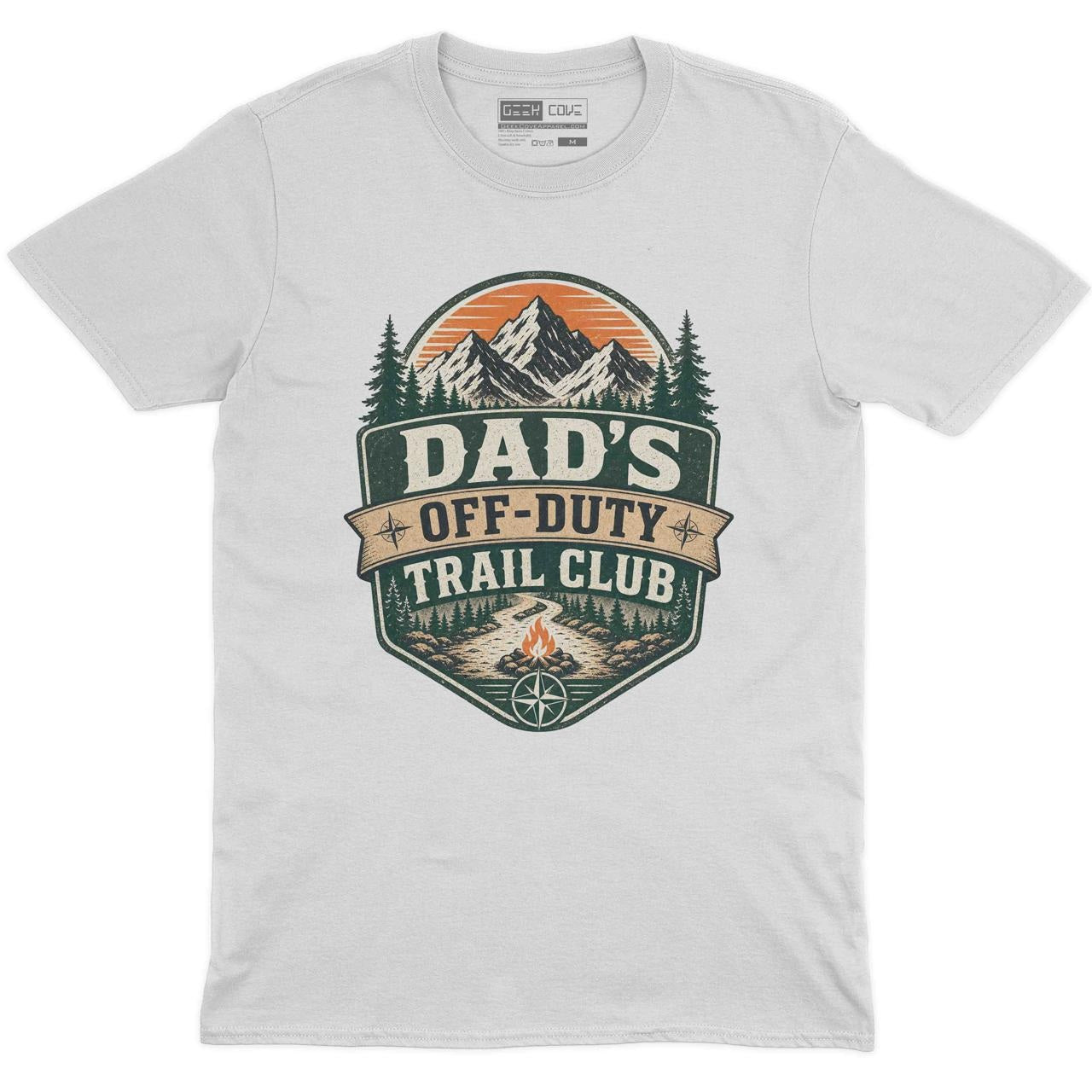 Dad's Off-Duty Trail Club Crew Neck Tee in White with Dad's Off-Duty Trail Club mountain hiking graphic print