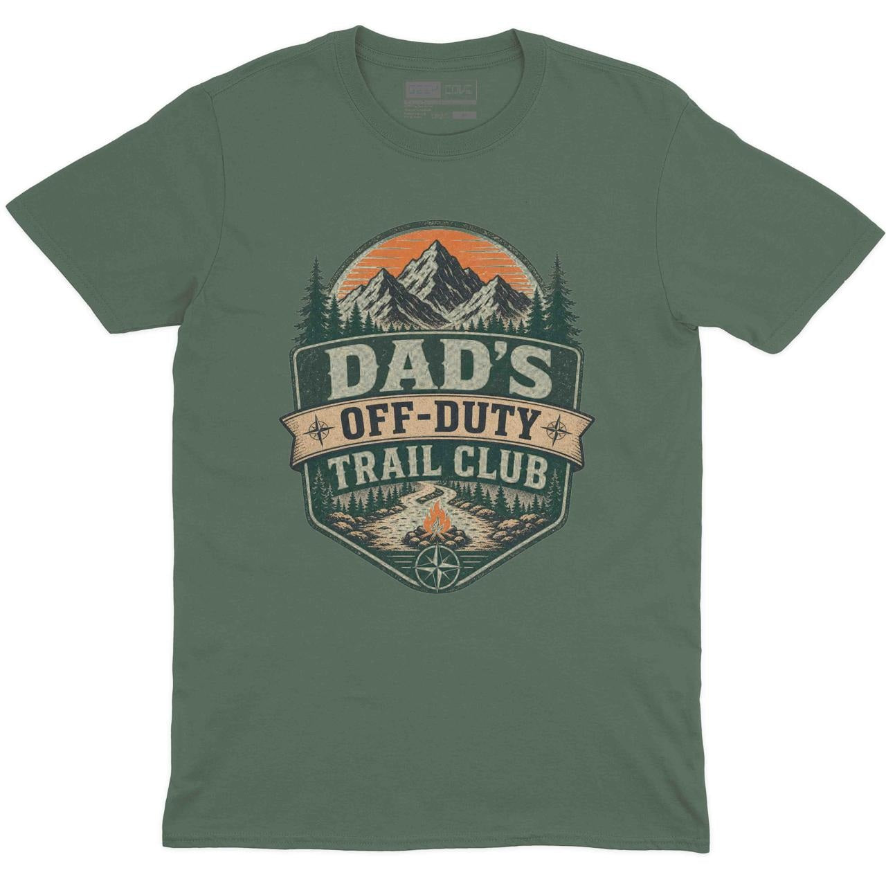 Dad's Off-Duty Trail Club Crew Neck Tee in Military Green with Dad's Off-Duty Trail Club mountain hiking graphic print
