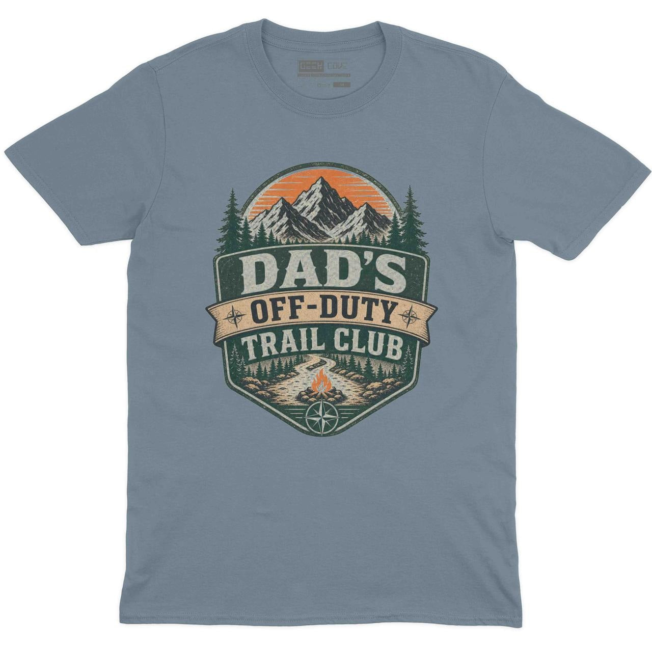 Dad's Off-Duty Trail Club Crew Neck Tee in Stone Blue with Dad's Off-Duty Trail Club mountain hiking graphic print