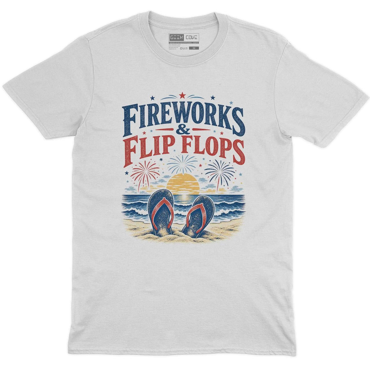 Fireworks & Flip Flops Beach Crew Neck Tee in White with Fireworks and Flip Flops 4th of July beach graphic print
