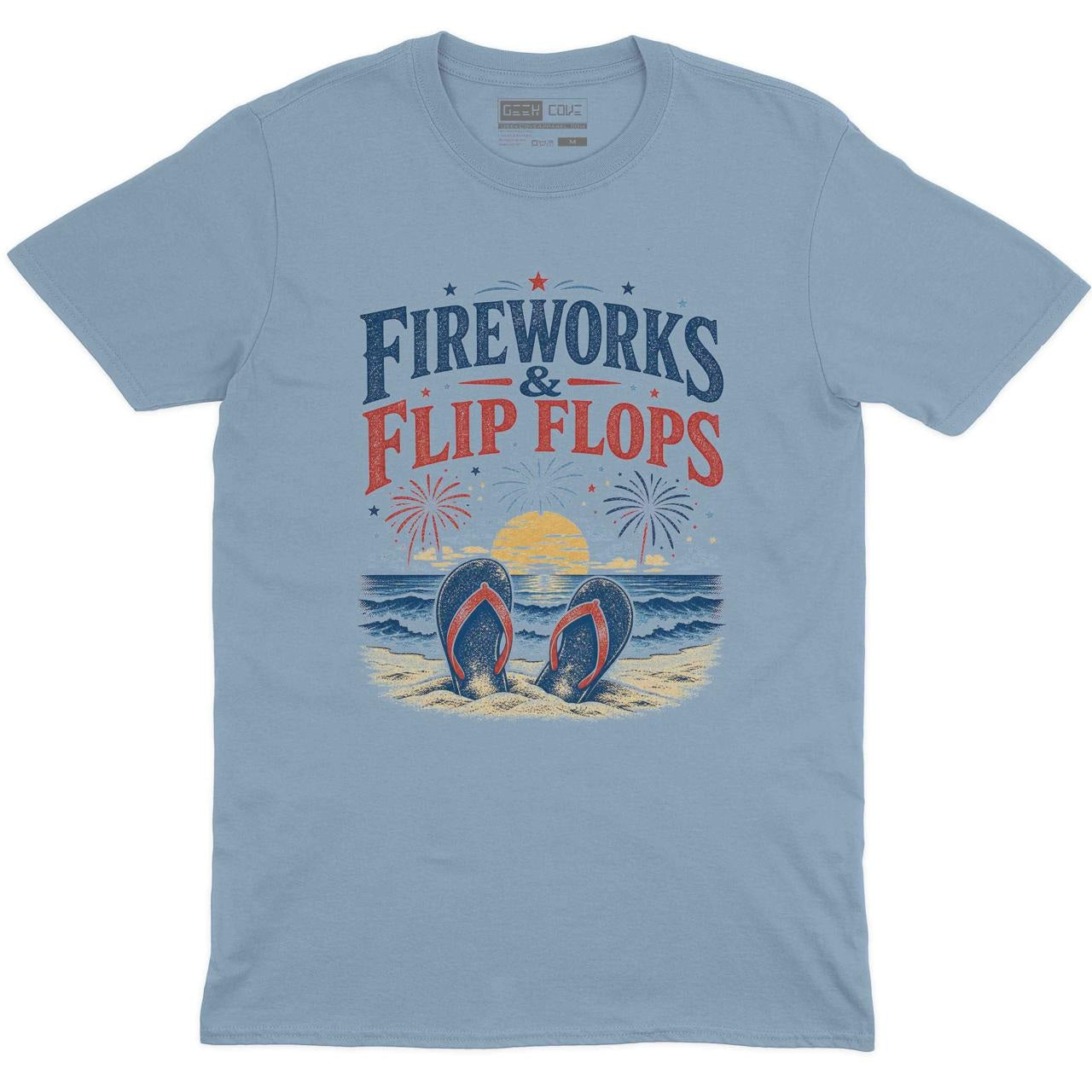 Fireworks & Flip Flops Beach Crew Neck Tee in Light Blue with Fireworks and Flip Flops 4th of July beach graphic print