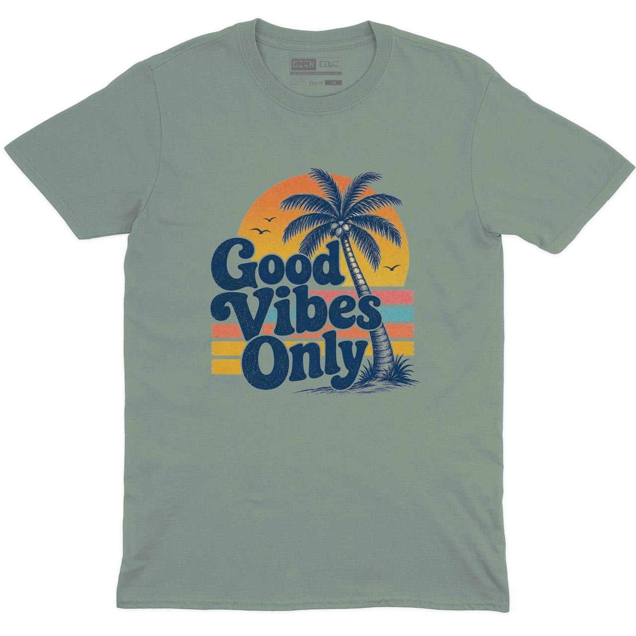 Good Vibes Only Palm Tree Crew Neck Tee in Sage with Good Vibes Only palm tree sunset beach artwork