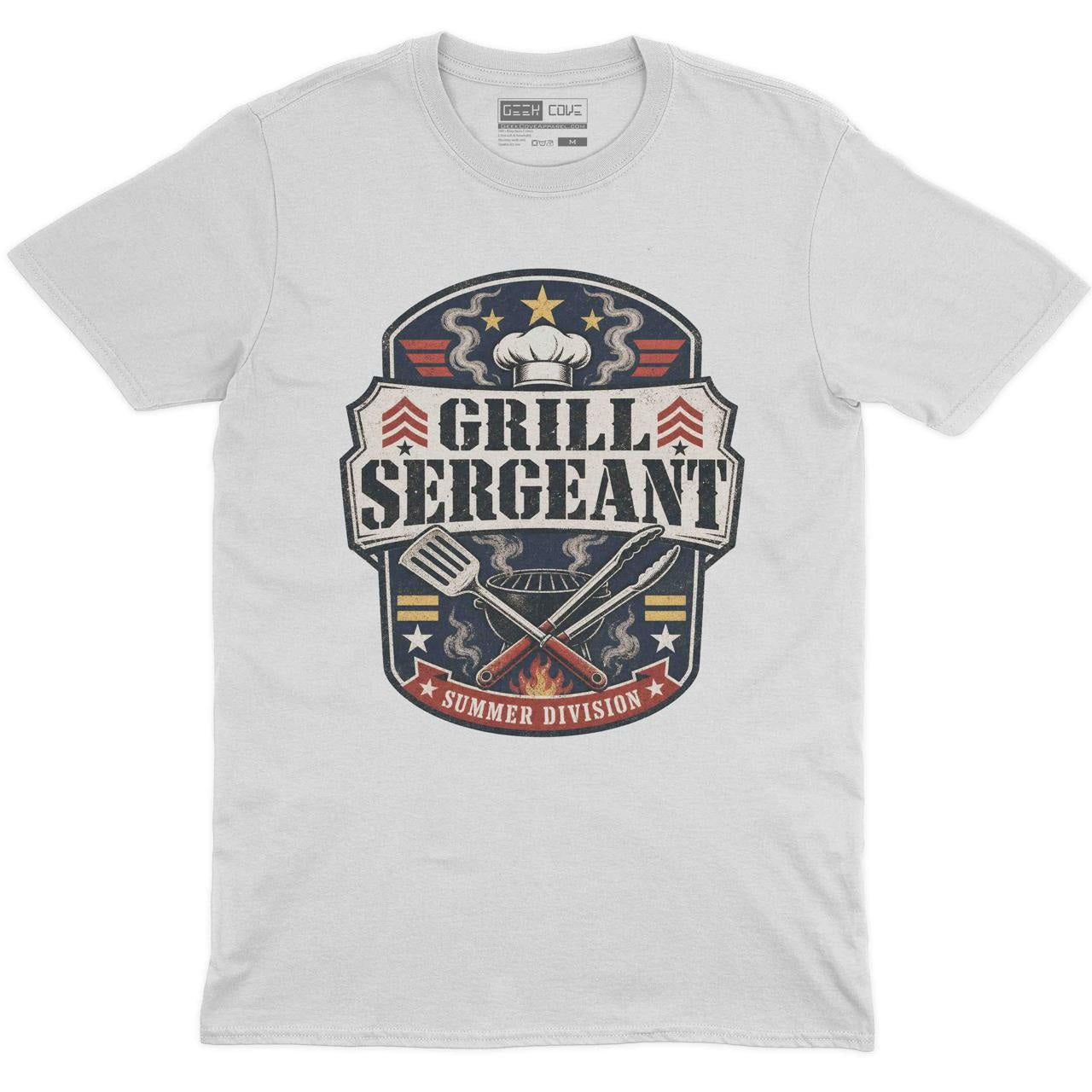 Grill Sergeant Summer Cookout Crew Neck Tee in White with Grill Sergeant BBQ dad summer cookout graphic print