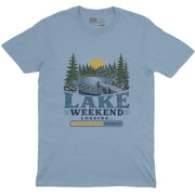 Lake Weekend Loading Crew Neck Tee in Light Blue with lake house canoe dock pine tree summer weekend graphic print