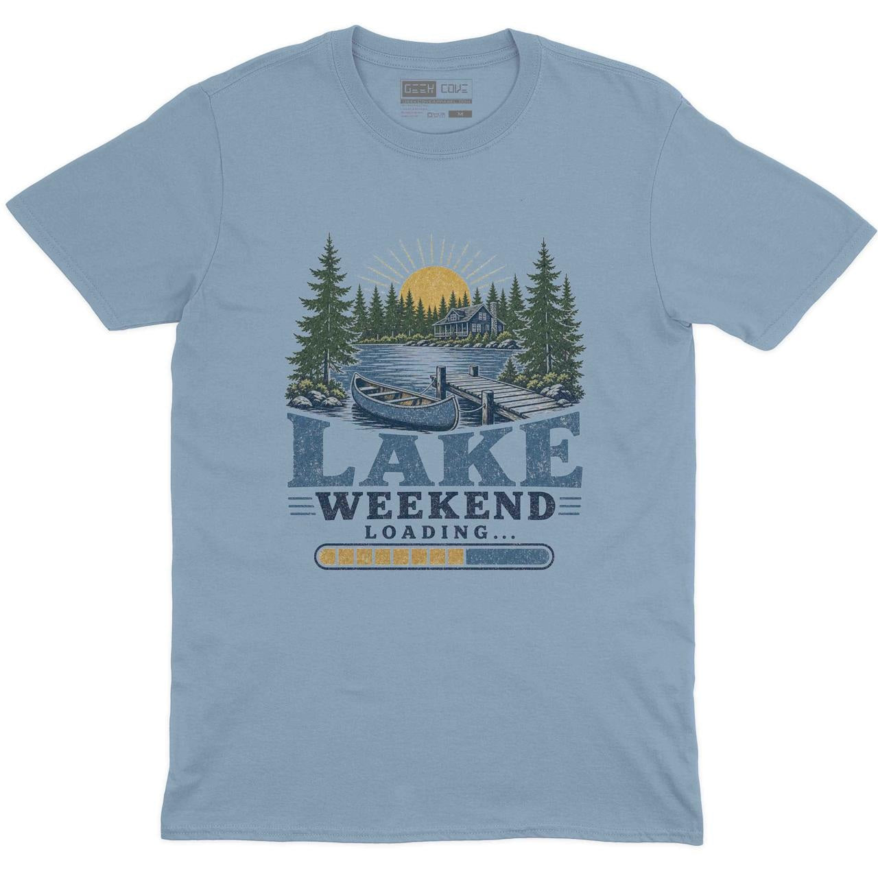 Lake Weekend Loading Crew Neck Tee in Light Blue with lake house canoe dock pine tree summer weekend graphic print