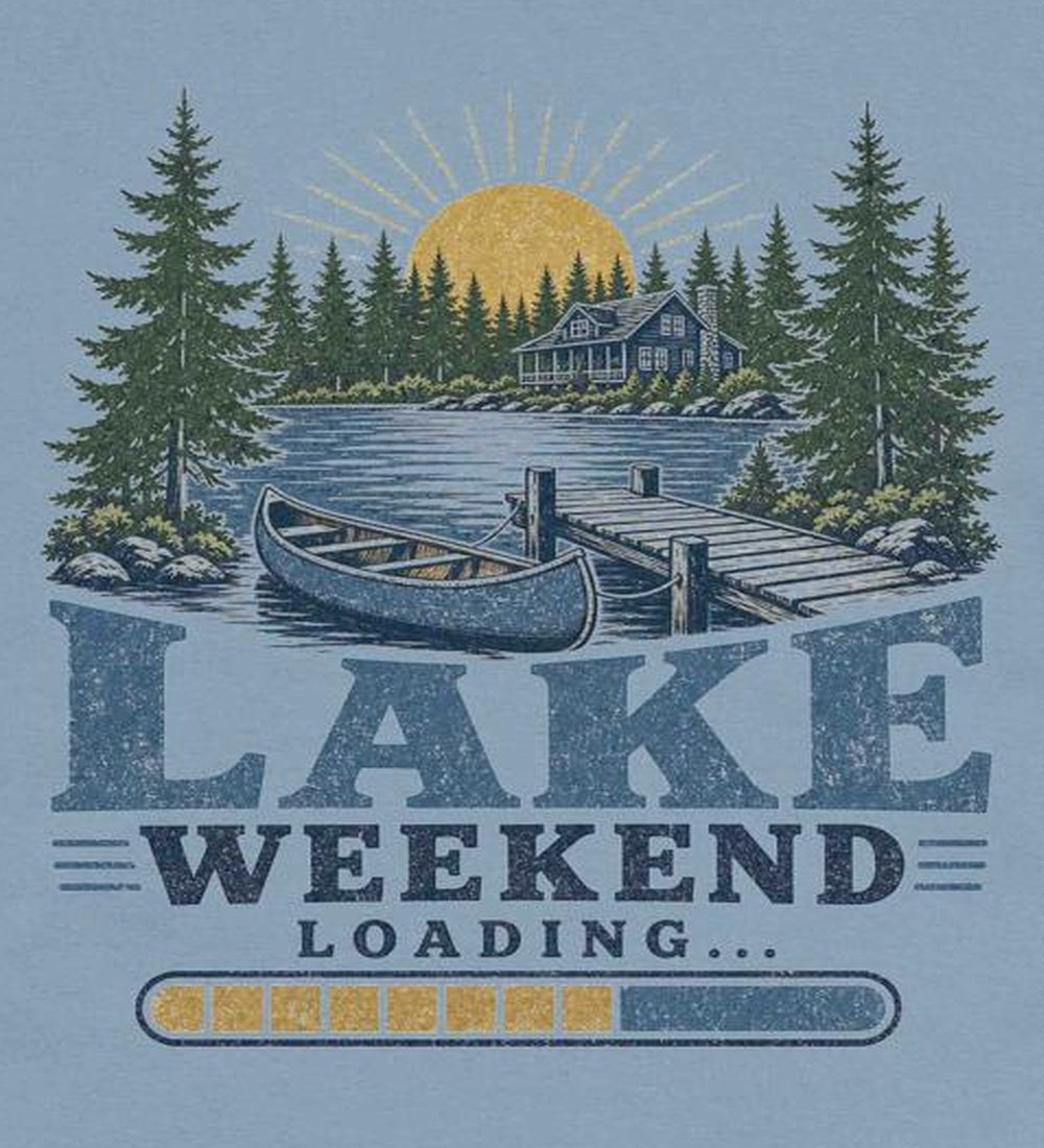 Lake Weekend Loading Crew Neck Tee light blue shirt close-up showing lake weekend canoe and dock graphic artwork