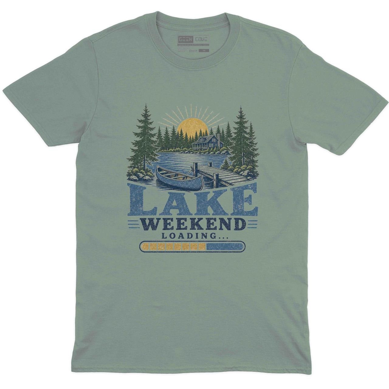 Lake Weekend Loading Crew Neck Tee in Sage with lake house canoe dock pine tree summer weekend graphic print
