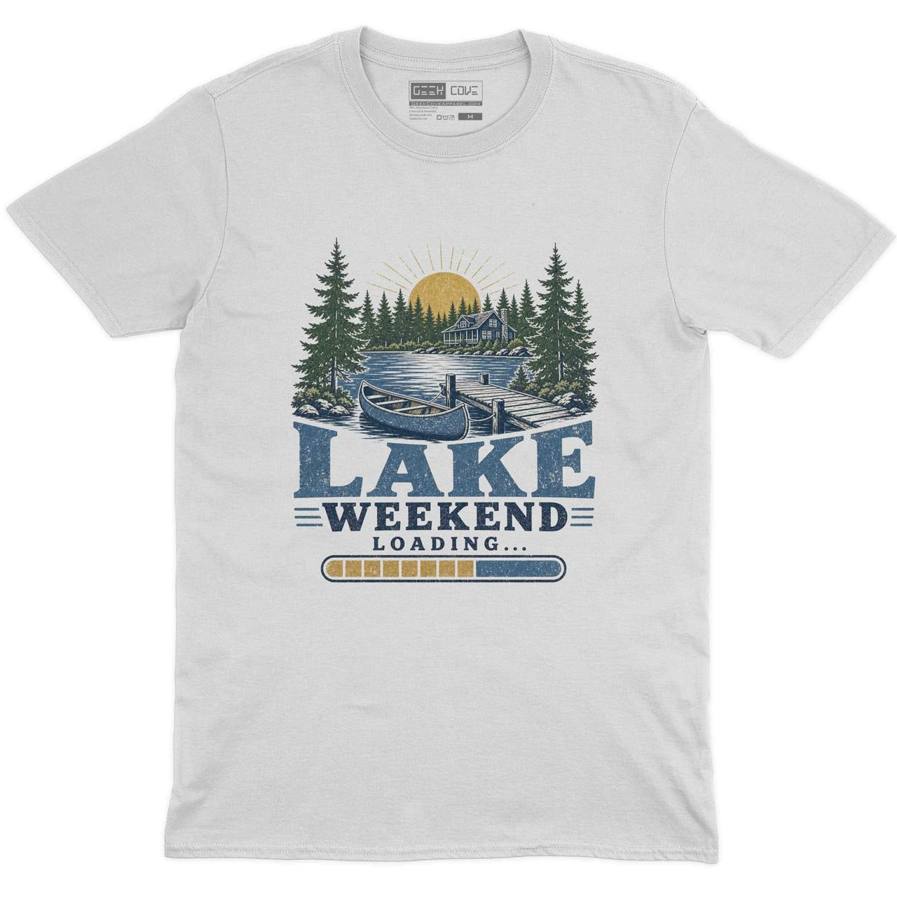 Lake Weekend Loading Crew Neck Tee in White with lake house canoe dock pine tree summer weekend graphic print