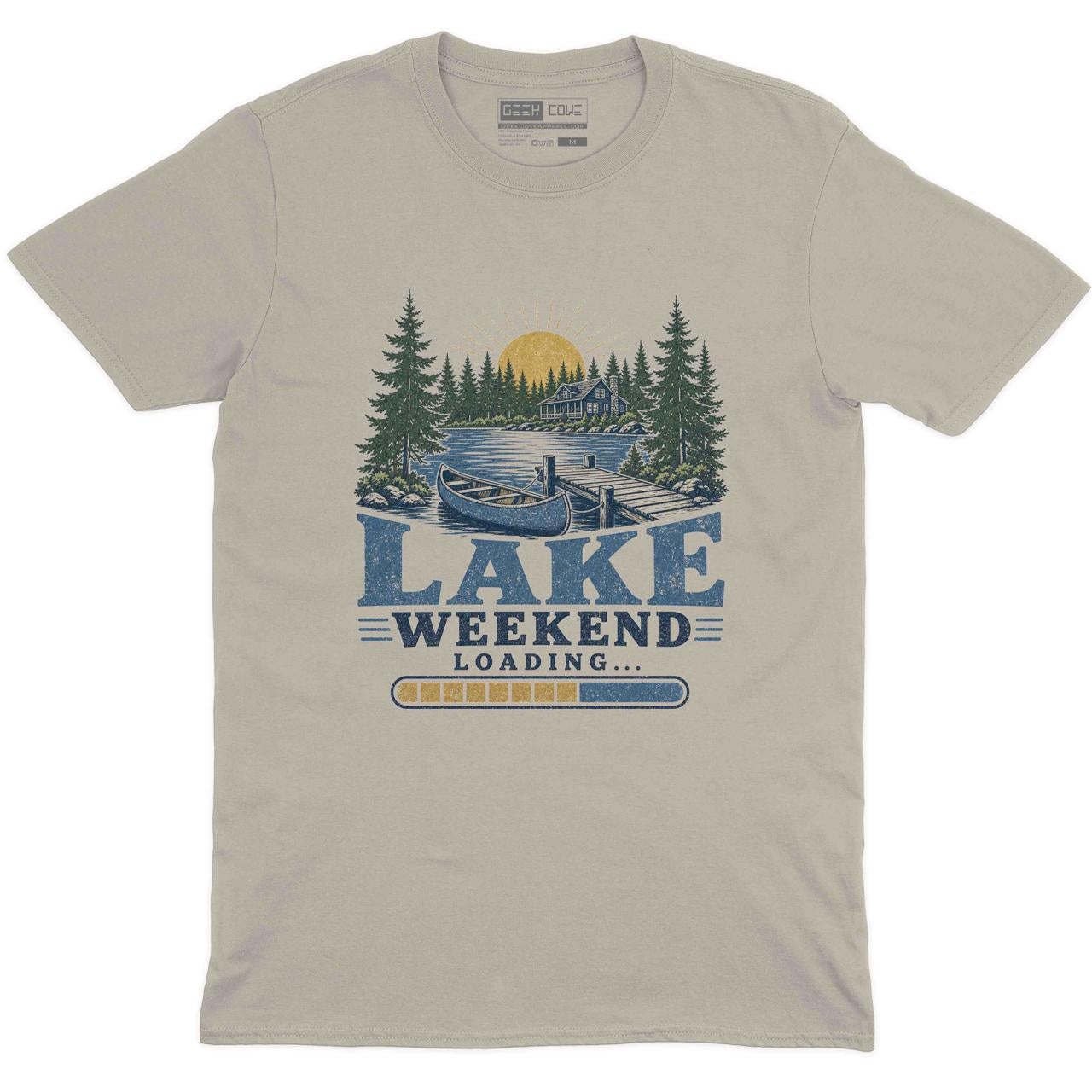 Lake Weekend Loading Crew Neck Tee in Sand with lake house canoe dock pine tree summer weekend graphic print