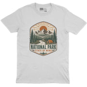 National Park State of Mind Crew Neck Tee in White with vintage mountain national park camping graphic print