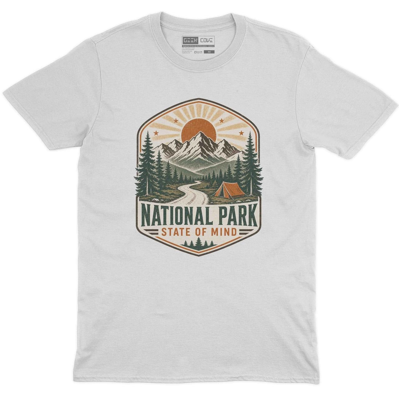 National Park State of Mind Crew Neck Tee in White with vintage mountain national park camping graphic print