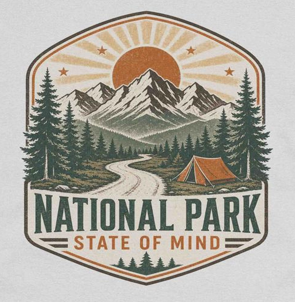 National Park State of Mind Crew Neck Tee white shirt close-up showing vintage mountain national park graphic artwork