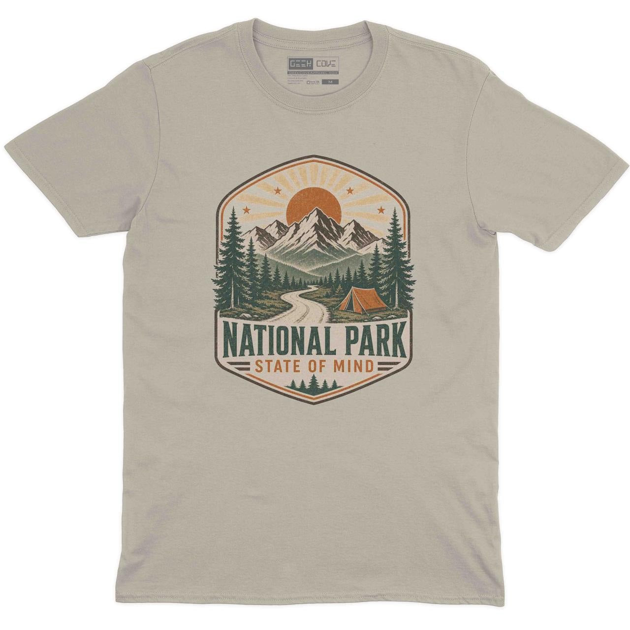 National Park State of Mind Crew Neck Tee in Sand with vintage mountain national park camping graphic print