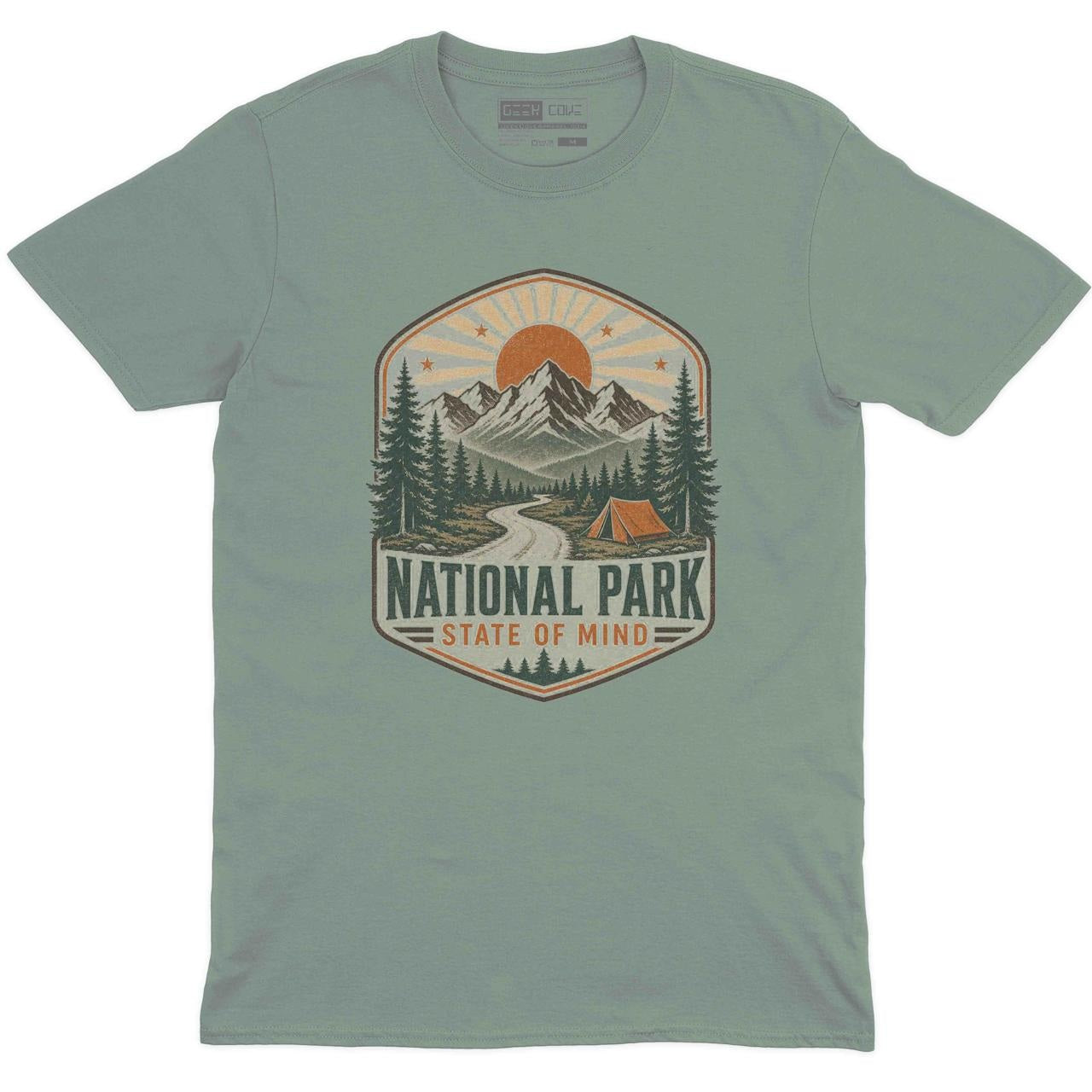 National Park State of Mind Crew Neck Tee in Sage with vintage mountain national park camping graphic print