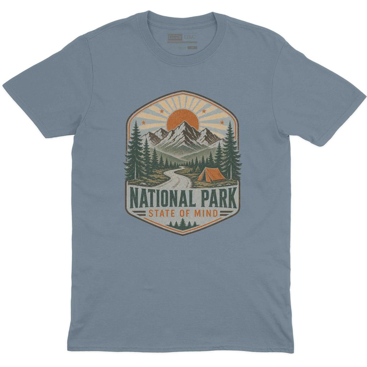 National Park State of Mind Crew Neck Tee in Stone Blue with vintage mountain national park camping graphic print