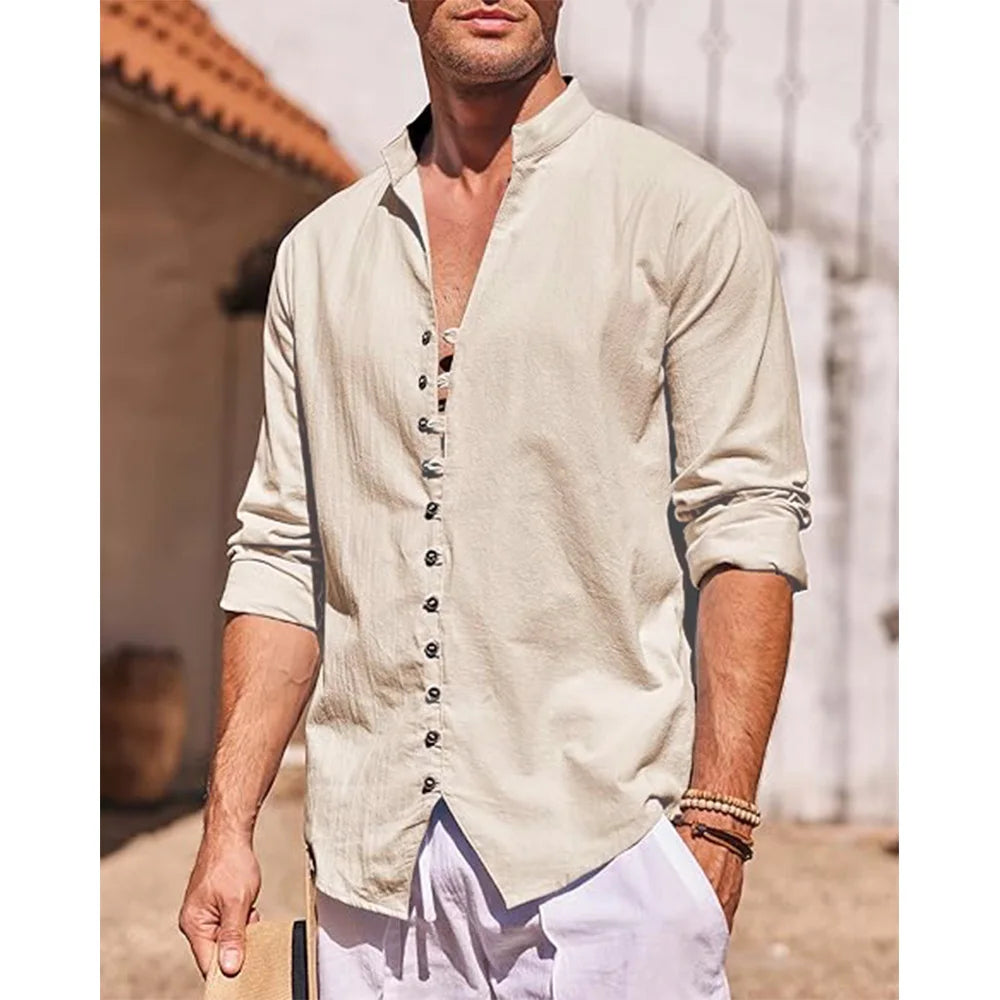 men's beige linen shirt with a button-up front, shown partially unbuttoned.