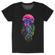 Bloom Drifter women’s black crew neck tee with vivid pink floral jellyfish and botanical tendrils artwork