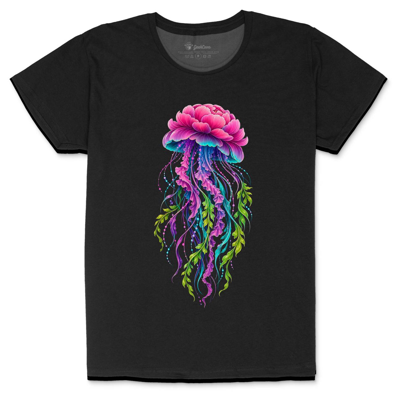 Bloom Drifter women’s black crew neck tee with vivid pink floral jellyfish and botanical tendrils artwork