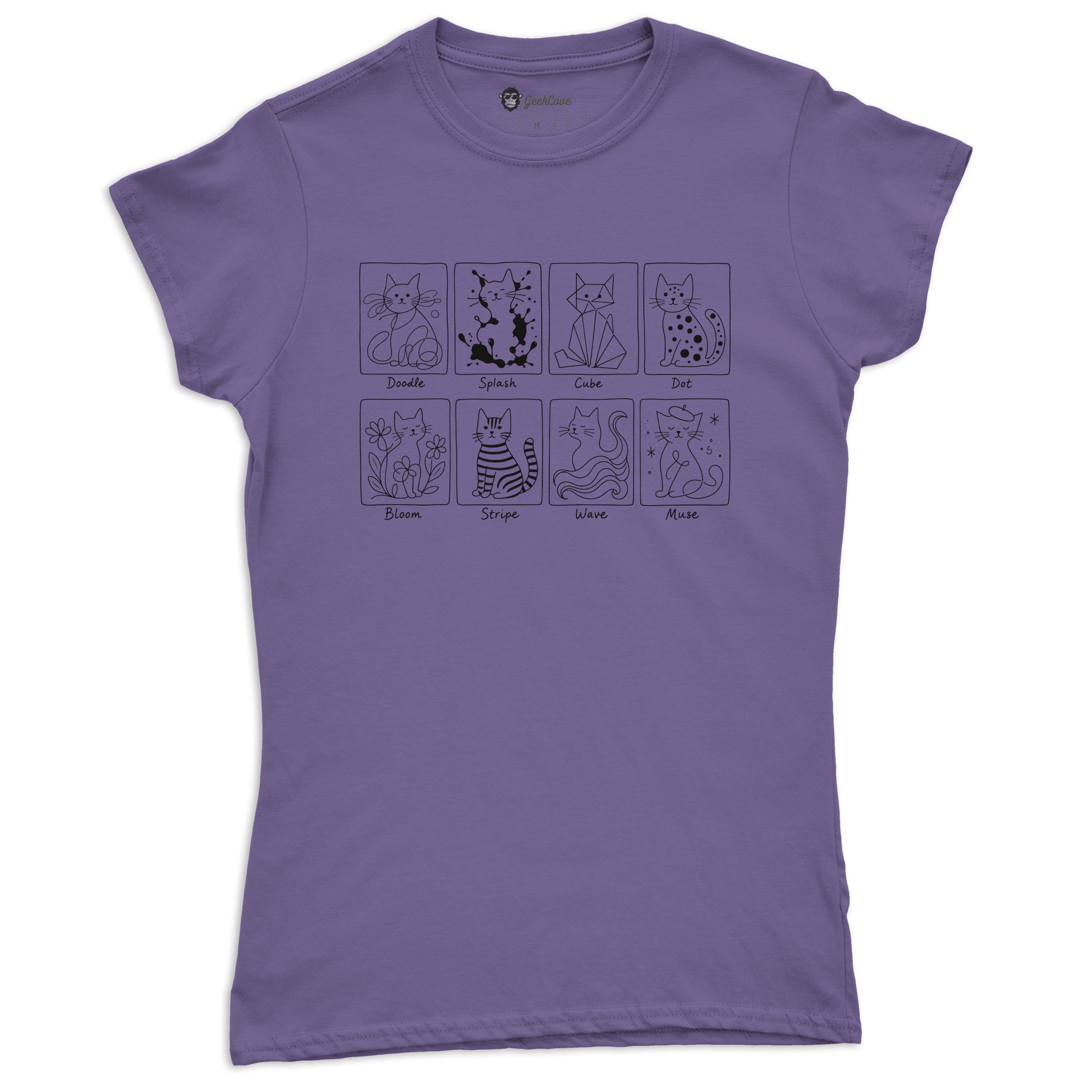 Cat Art Styles women’s short sleeve tee in Heather Purple with black line-art cat design panels