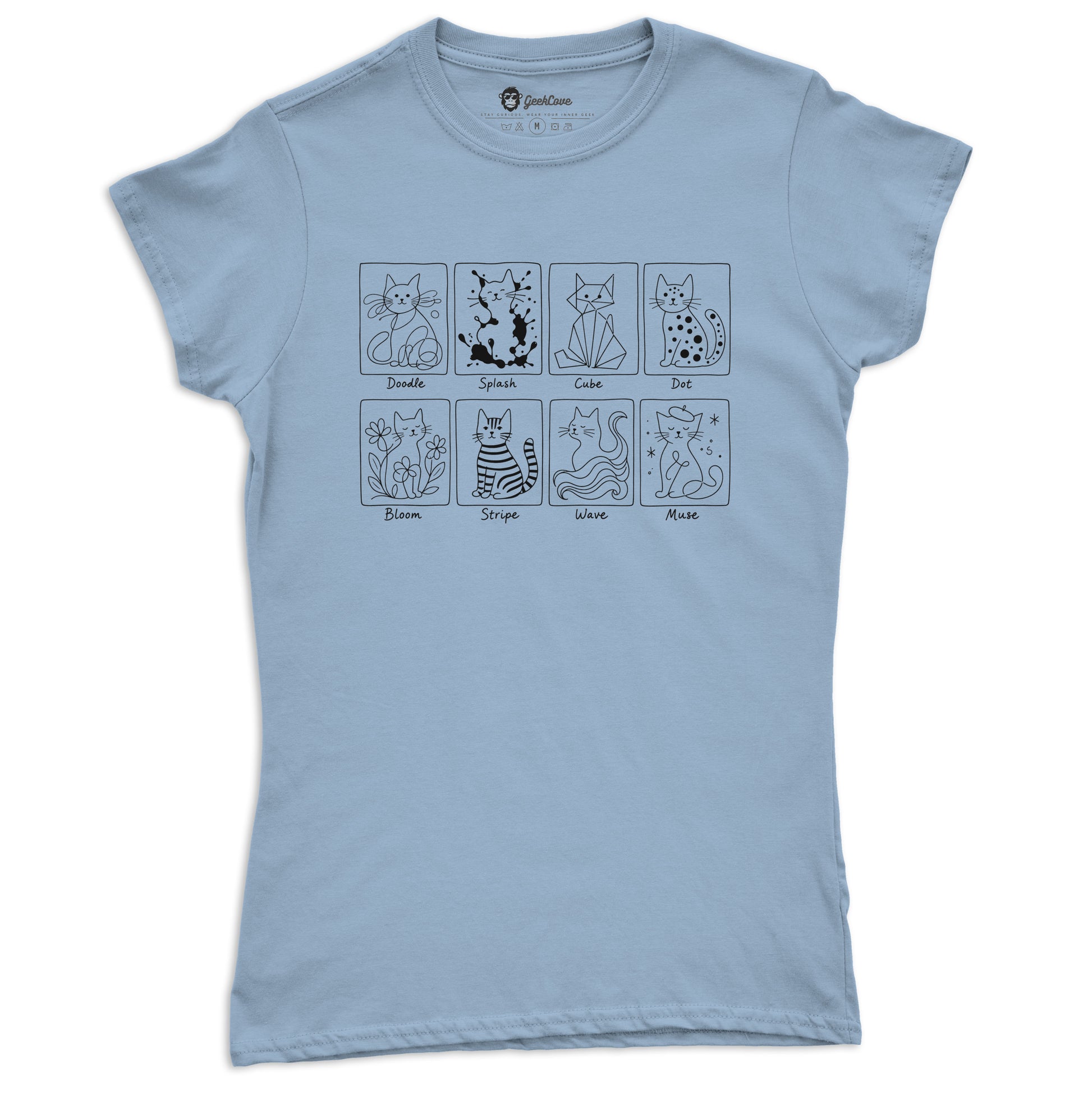 Cat Art Styles women’s short sleeve tee in Light Blue with black line-art cat design panels
