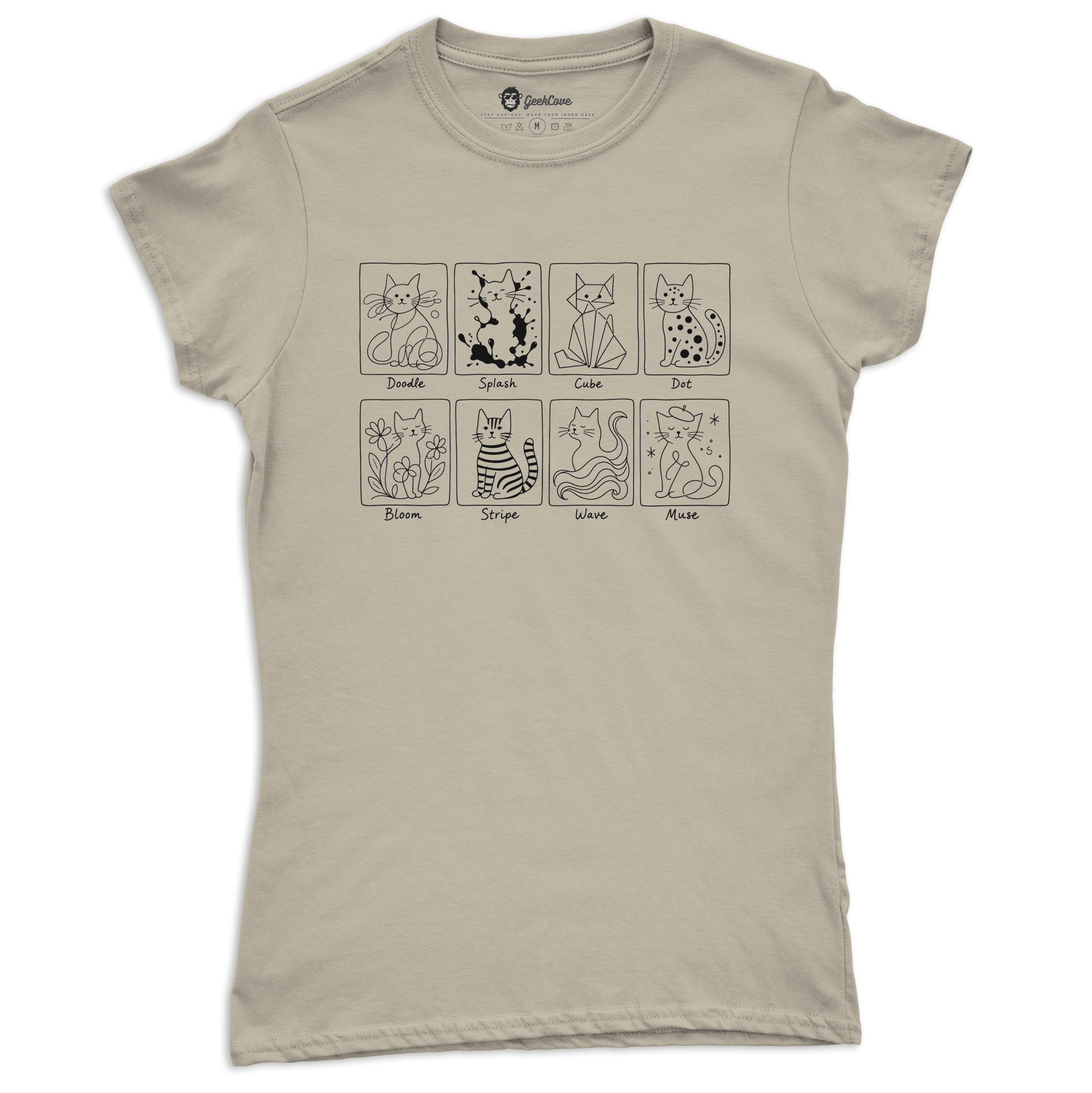 Cat Art Styles women’s short sleeve tee in Sand with black line-art cat design panels