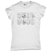 Cat Art Styles women’s short sleeve tee in White with black line-art cat design panels