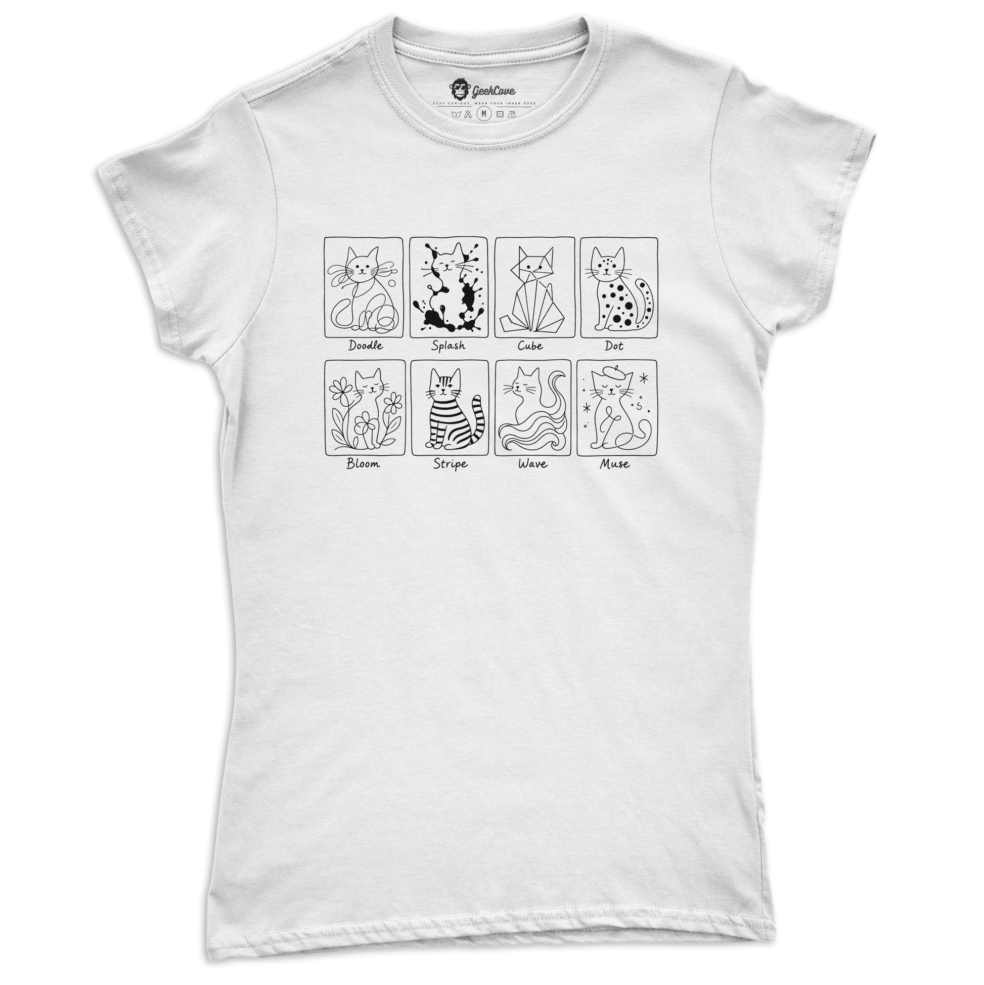 Cat Art Styles women’s short sleeve tee in White with black line-art cat design panels
