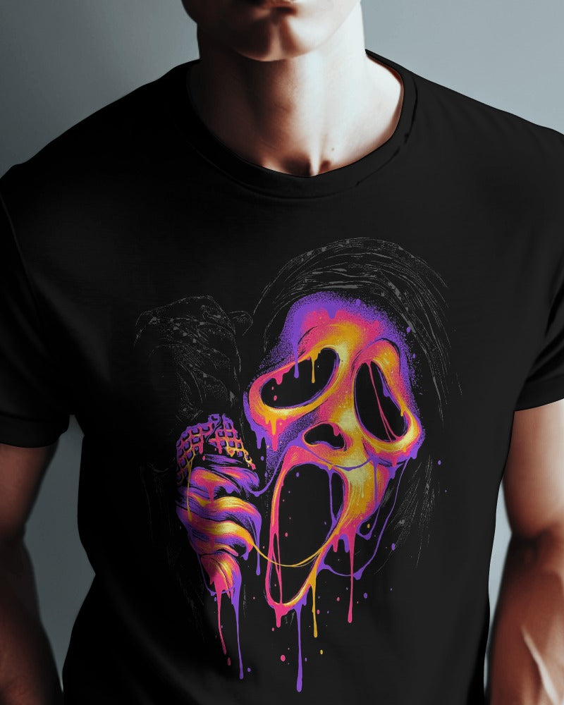 graphic tee with a vibrant neon depiction of the scream mask, complete with dripping details for a haunting look.