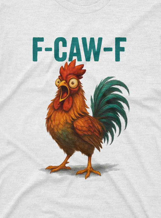 Bright colorful chicken graphic tee with humorous F-CAW-F text