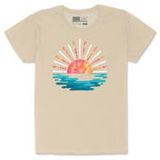 Woman cream Crusher Tee with sunset palm beach graphic art