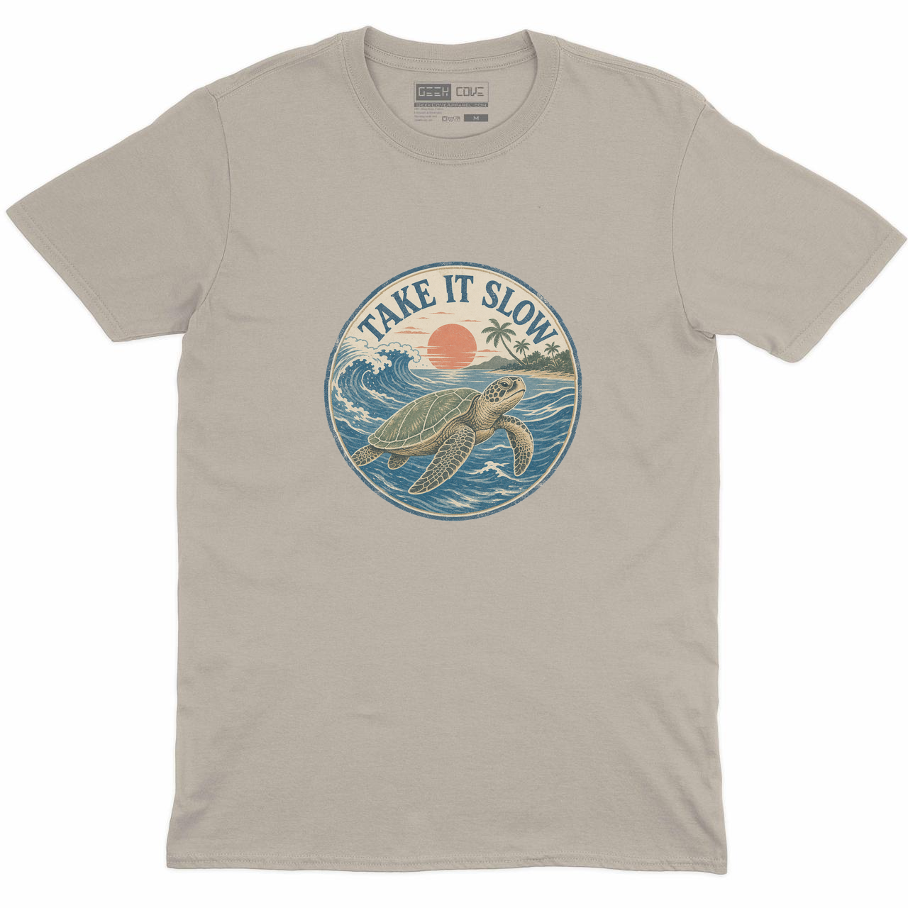 Men Take It Slow Crew Neck Tee in Sand with slightly larger Take It Slow beach artwork