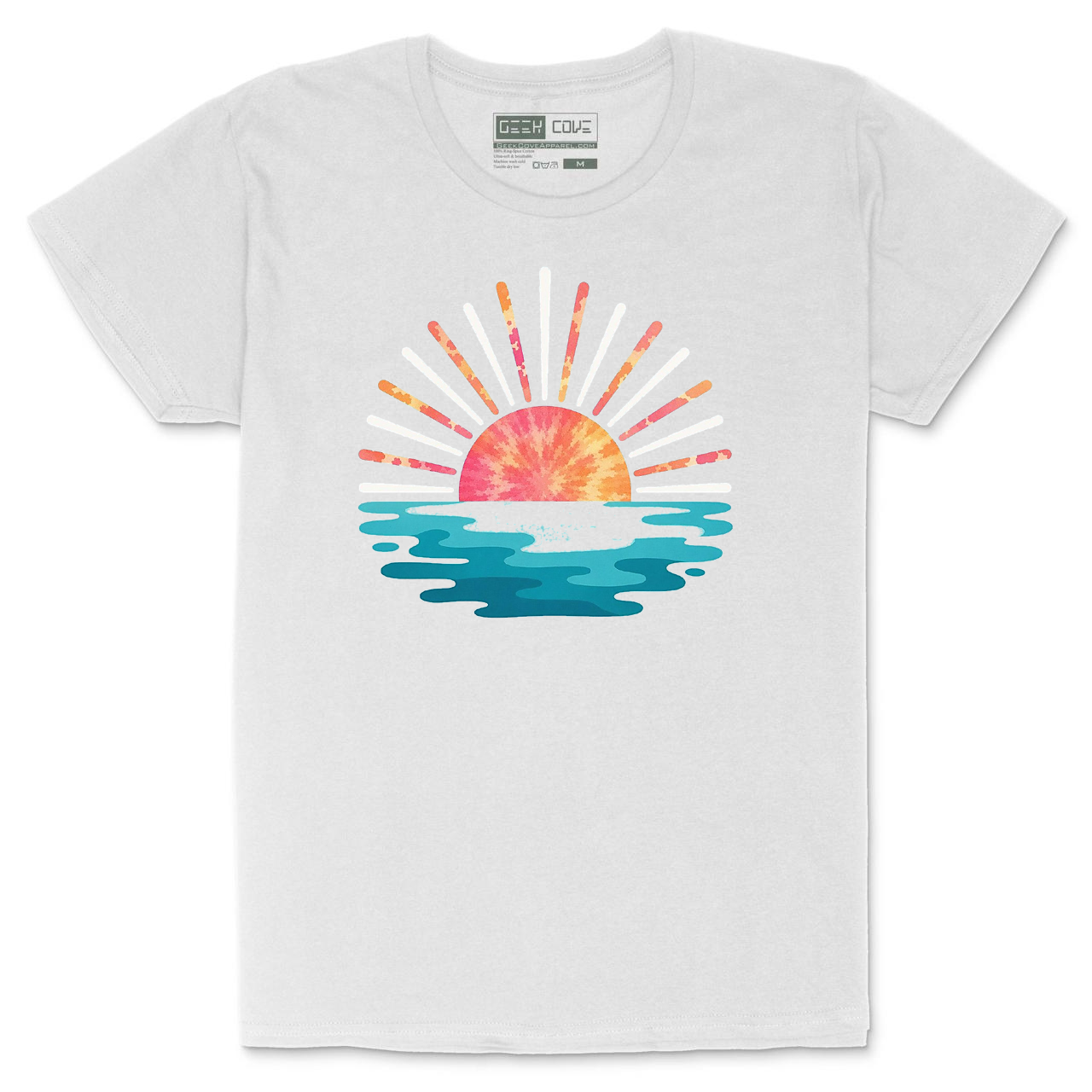 Woman light gray Crusher Tee with coastal sunset palm tree art