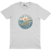 Men Take It Slow Crew Neck Tee in White with slightly larger Take It Slow beach artwork