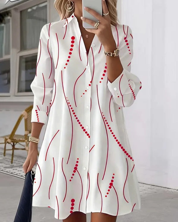 Women’s polka dot button-up shirt dress in white red print, front view