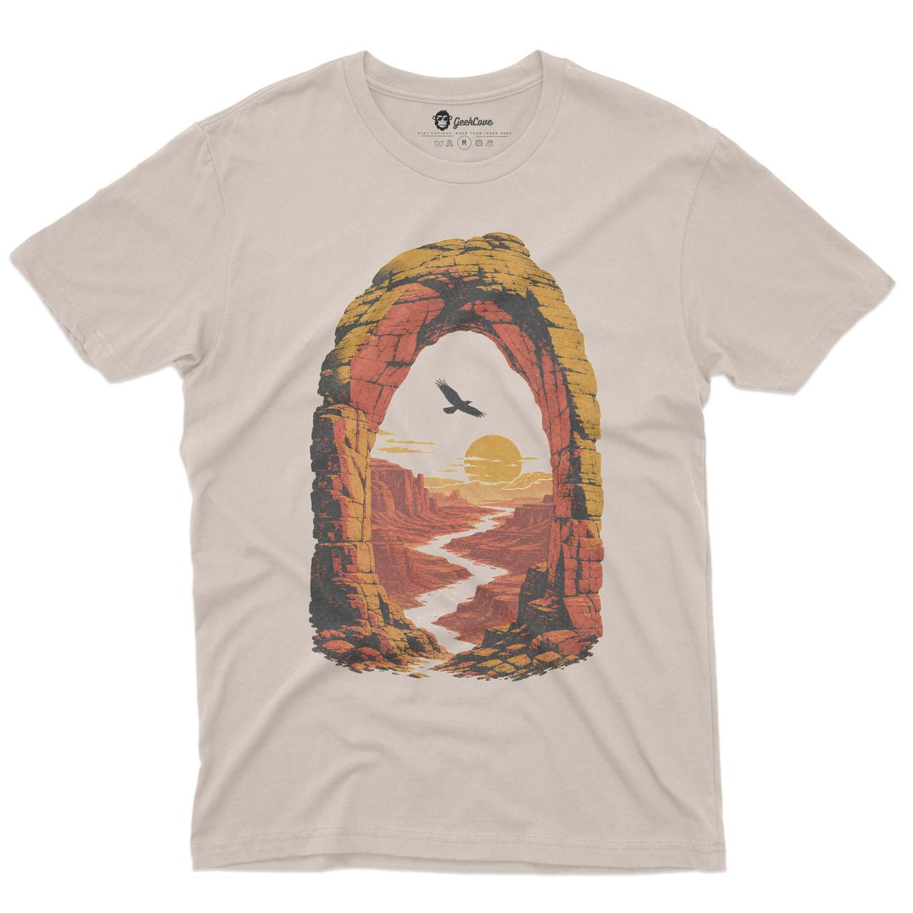 Desert Arch Canyon Men’s Crew Neck Tee in Sand with original canyon graphic tee artwork