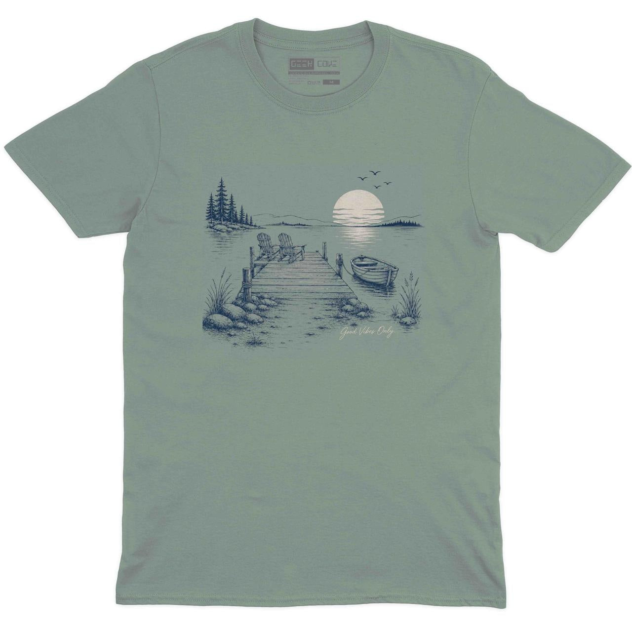 Dock Life Good Vibes Only Crew Neck Tee in Sage with dock life sunset boat beach lake graphic print