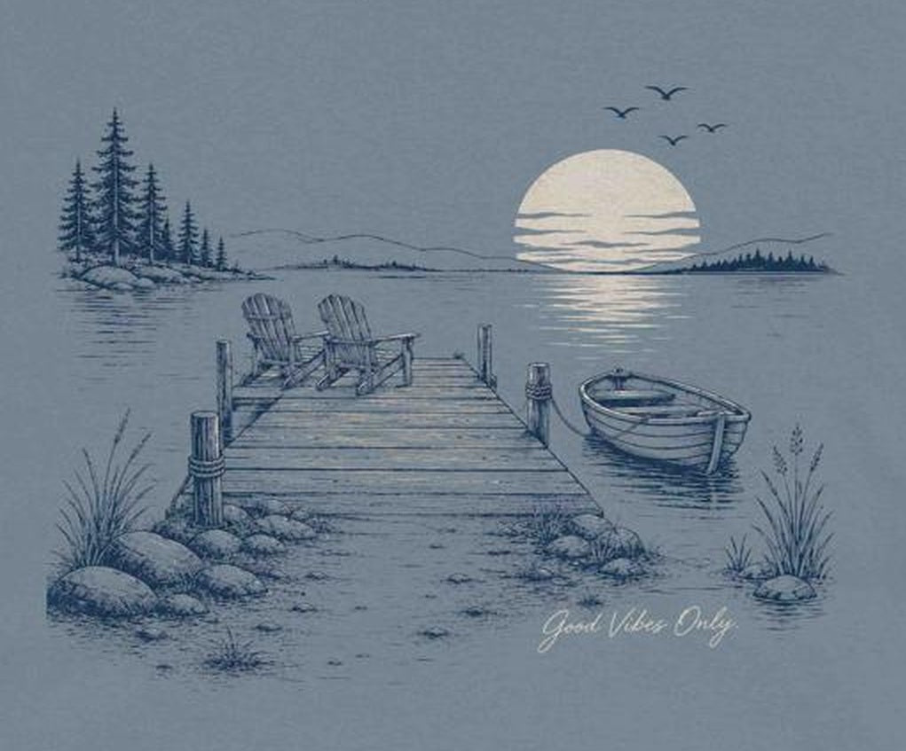 Dock Life Good Vibes Only Crew Neck Tee stone blue shirt close-up showing dock, boat, sunset, and Good Vibes Only artwork