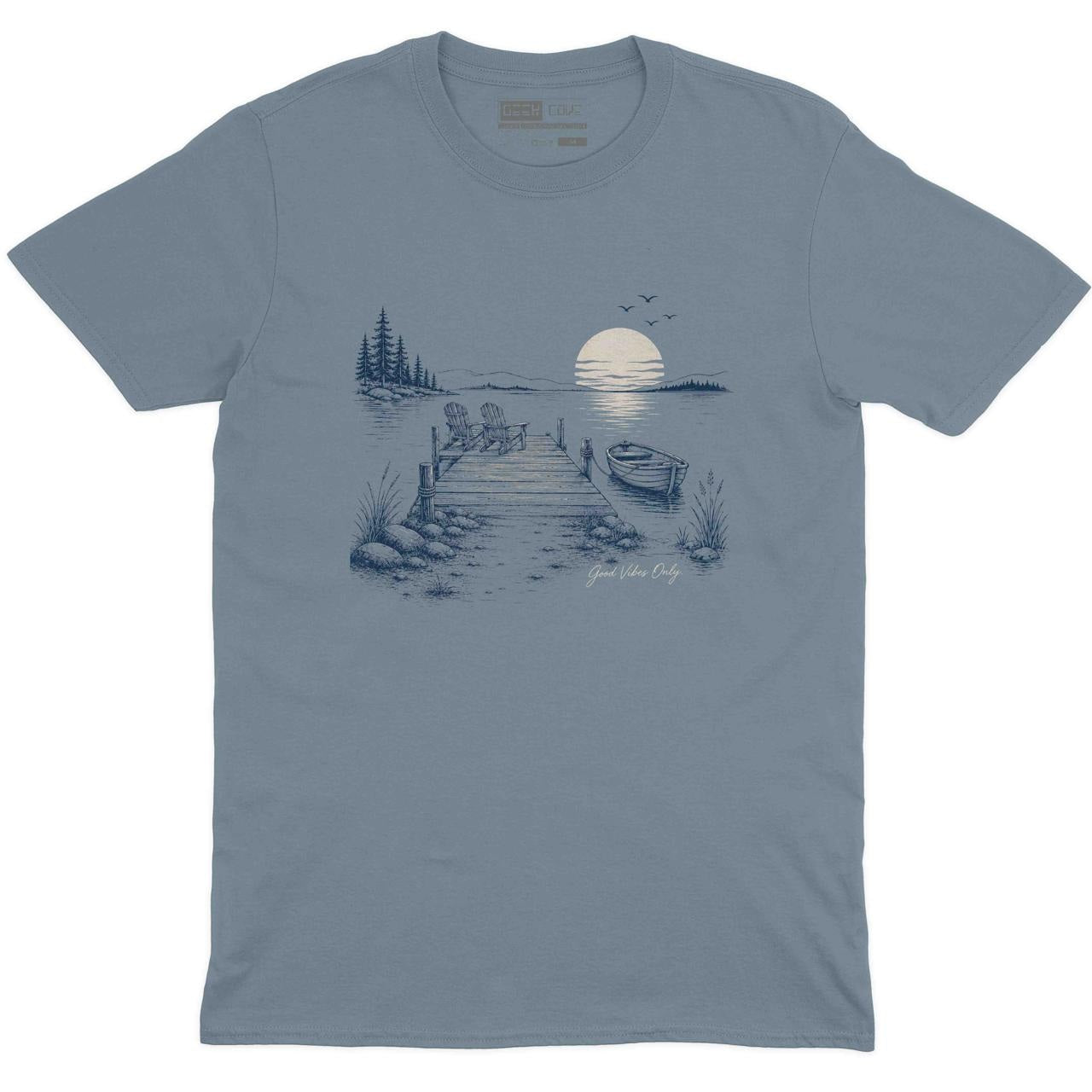 Dock Life Good Vibes Only Crew Neck Tee in Stone Blue with dock life sunset boat beach lake graphic print