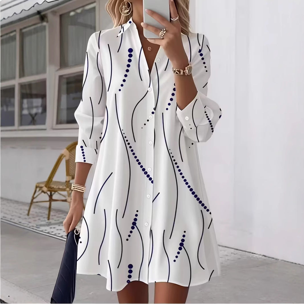 Women’s polka dot button-up shirt dress in white with navy dotted line print, front view