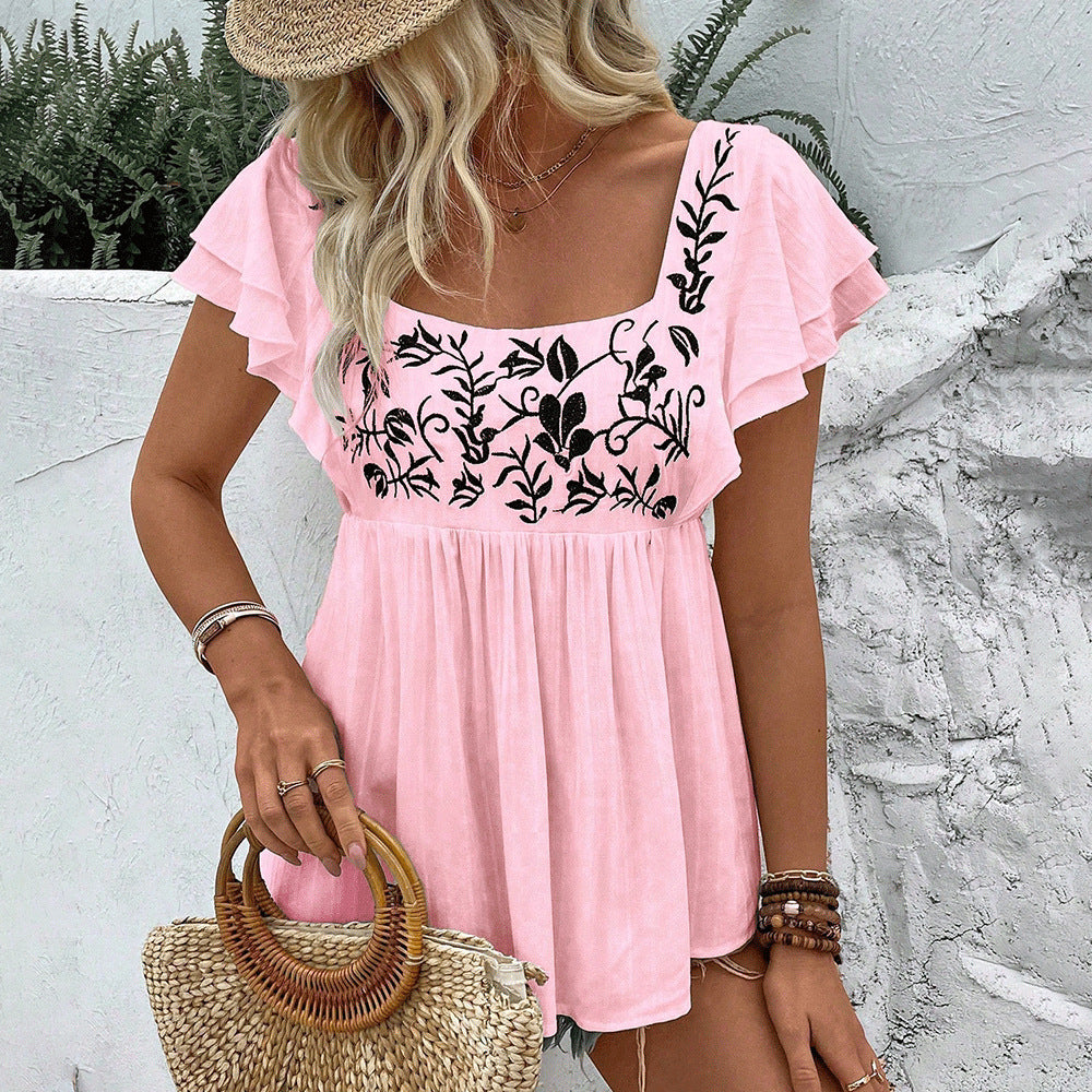 Women’s lace-trimmed square-neck embroidered blouse in pink with black floral embroidery