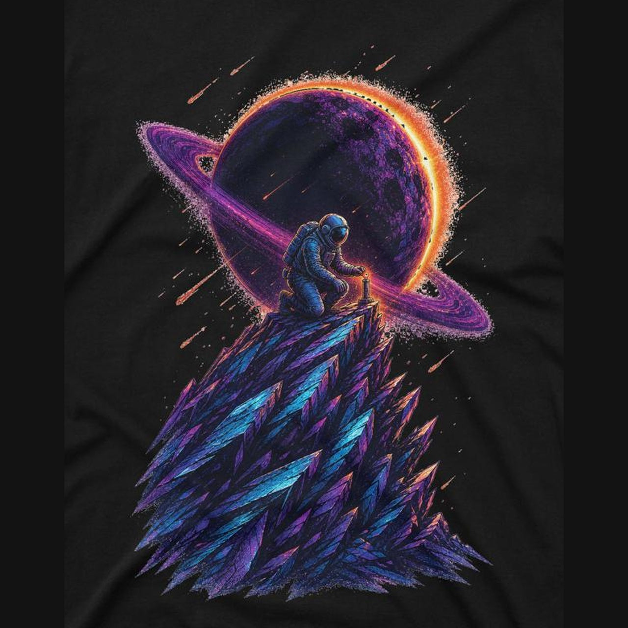 Close-up of astronaut graphic tee artwork on cotton fabric