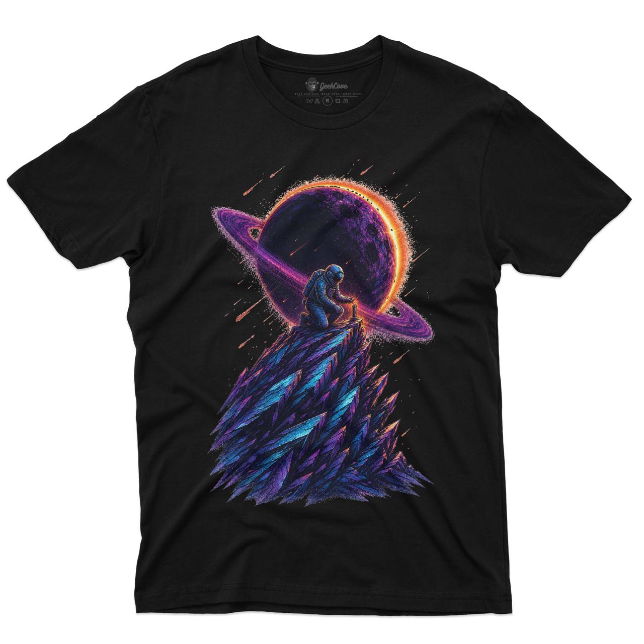 Saturn Ridge Astronaut Men’s Crew Neck Tee in Black with original astronaut graphic tee artwork
