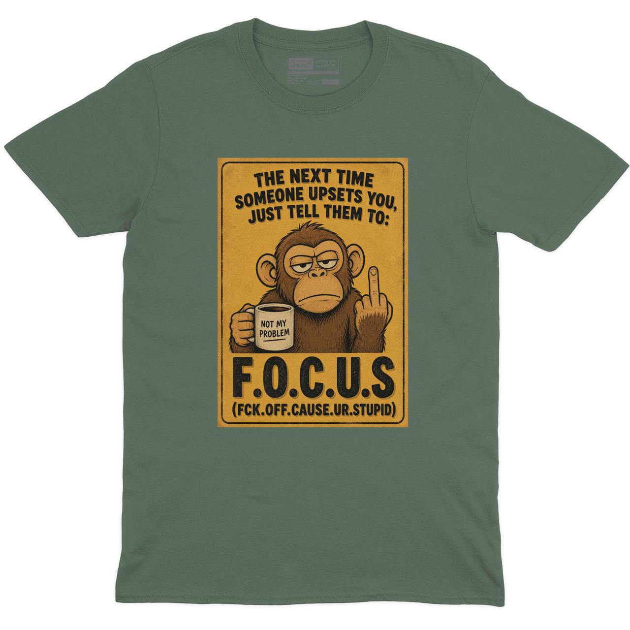 F.O.C.U.S. Funny Monkey Crew Neck Tee in Sage with sarcastic F.O.C.U.S. monkey adult humor graphic print