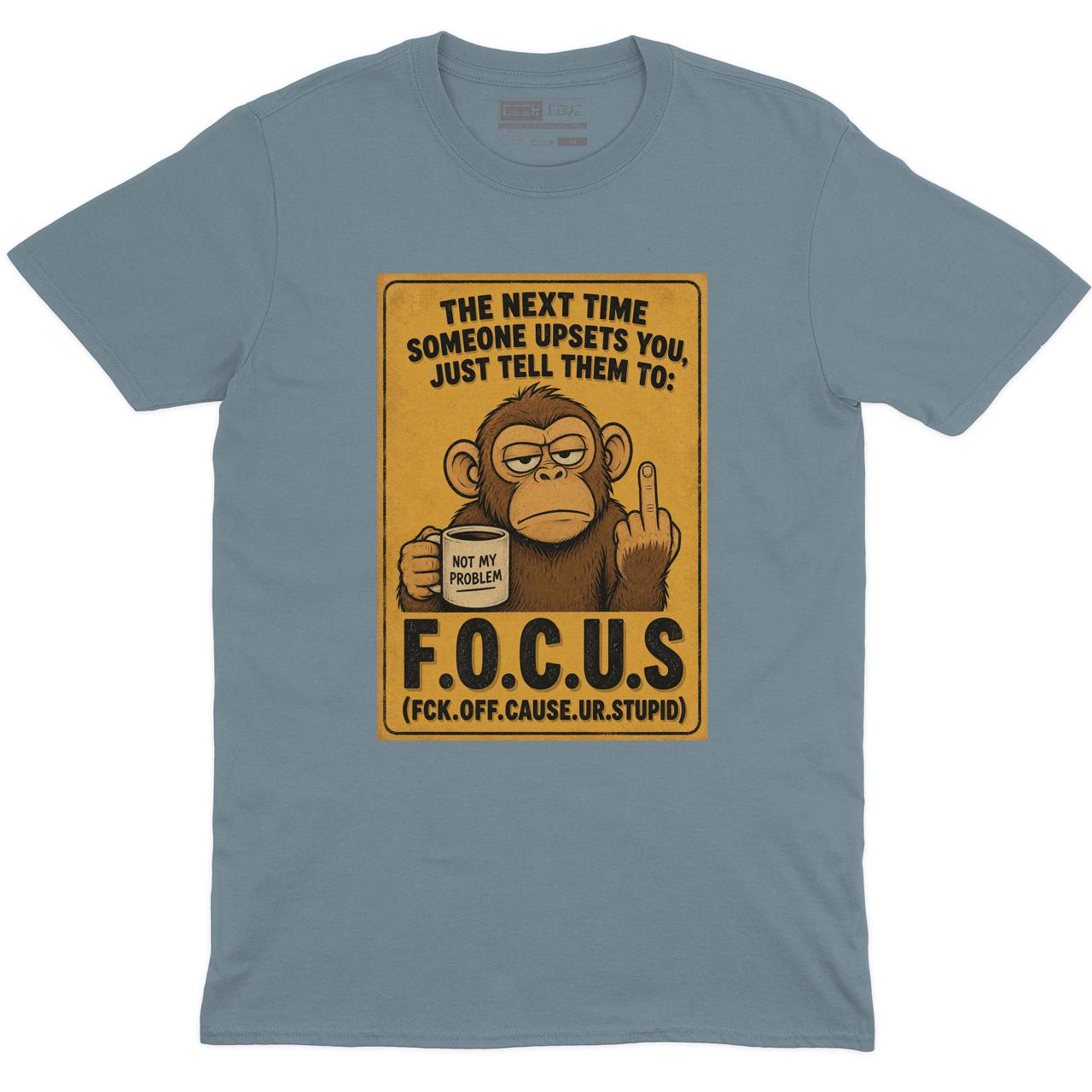 F.O.C.U.S. Funny Monkey Crew Neck Tee in Stone Blue with sarcastic F.O.C.U.S. monkey adult humor graphic print